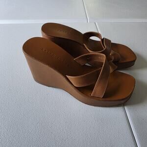 Y2K Ralph Lauren Sandals Womens Size 5.5 Brown Leather Wedge Slide Platform